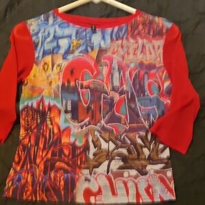 Cue Red and Multicolor Graffiti Print Blouse